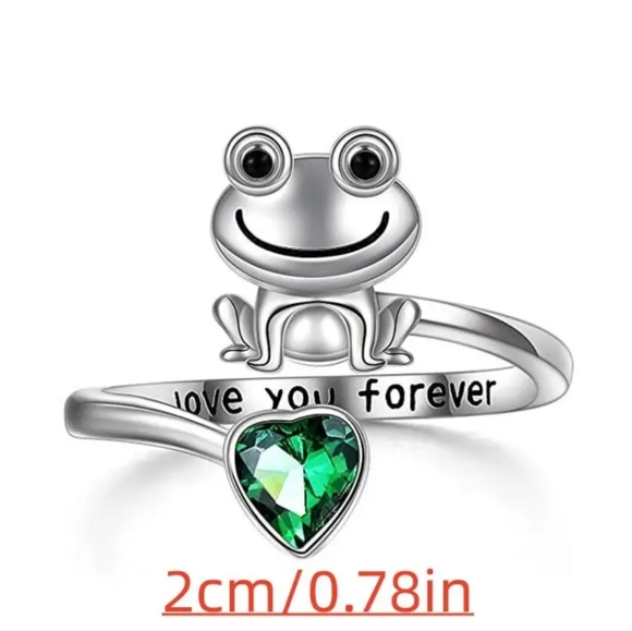 White Gold Plated Love You Forever Frog Open Ring Adjustable With Green CZ - Picture 3 of 3